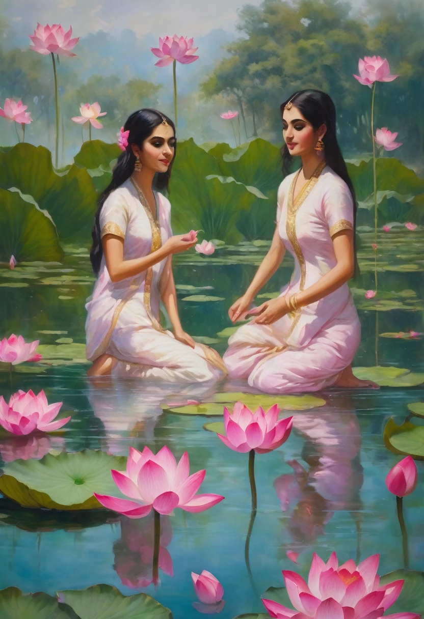 
Oil painting of three girls, Persian lady faces, bathing in a pond, long-stemmed lotus flowers. The short stem has several levels of pink and white lotus flowers. The atmosphere looks fun.