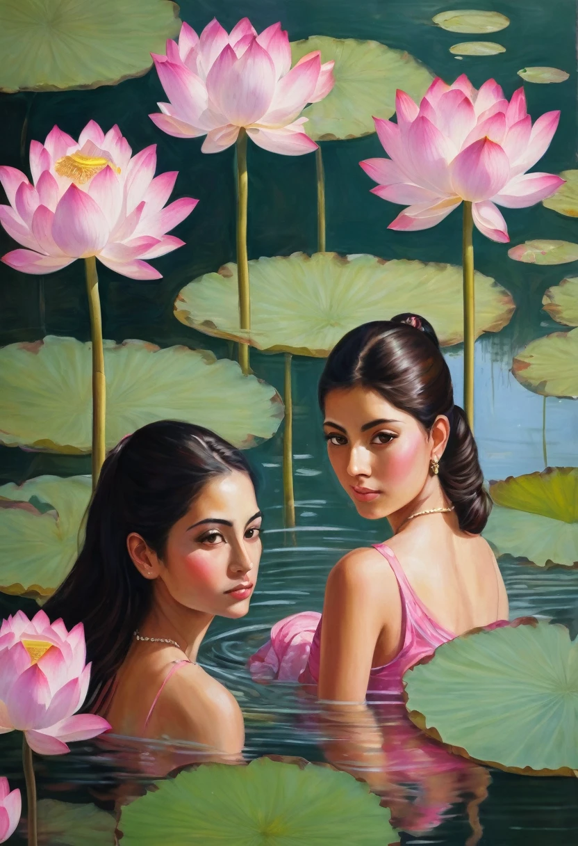 
Oil painting of three girls, Persian lady faces, bathing in a pond, long-stemmed lotus flowers. The short stem has several levels of pink and white lotus flowers. The atmosphere looks fun.