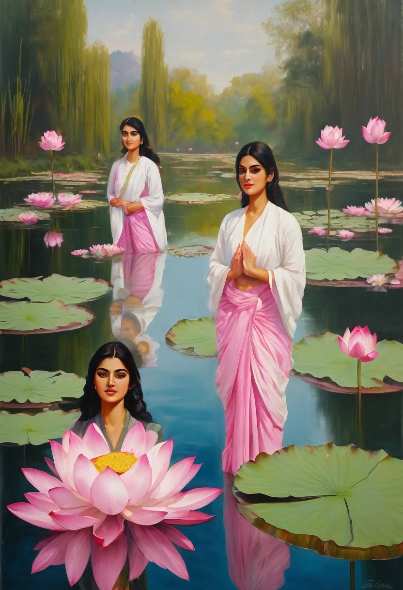 
Oil painting of three girls, Persian lady faces, bathing in a pond, long-stemmed lotus flowers. The short stem has several levels of pink and white lotus flowers. The atmosphere looks fun.