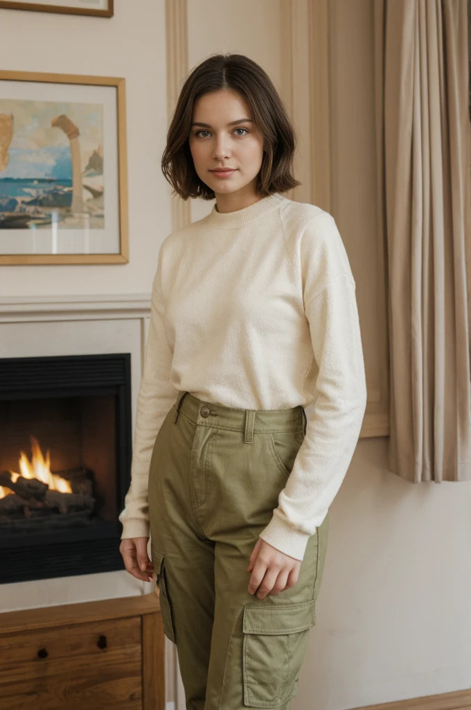 her name is Elektra, high quality, 1girl, ((20-year-old fit Caucasian woman)), ((20 years old)), ((fit)), short bob brunette hair, pose: standing, wearing pastel colored Mesh Long Sleeve with Camo Cargo Pants, BACKGROUND: From a classic London townhouse, with a mix of vintage and contemporary furniture, a cozy fireplace, and art-filled walls