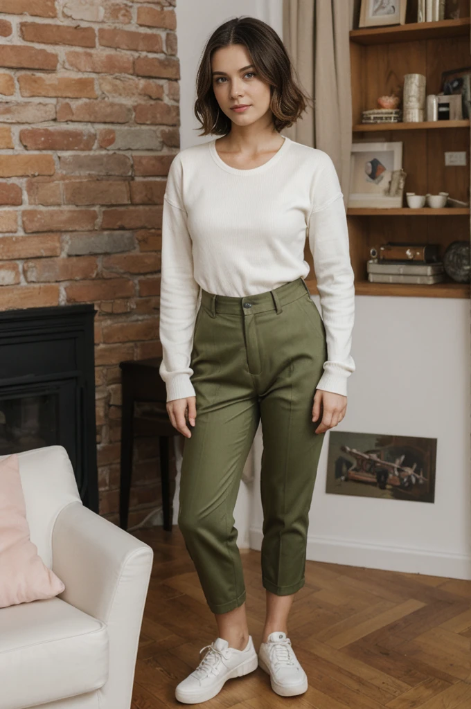 her name is Elektra, high quality, 1girl, ((20-year-old fit Caucasian woman)), ((20 years old)), ((fit)), short bob brunette hair, pose: standing, wearing pastel colored Mesh Long Sleeve with Camo Cargo Pants, BACKGROUND: From a classic London townhouse, with a mix of vintage and contemporary furniture, a cozy fireplace, and art-filled walls