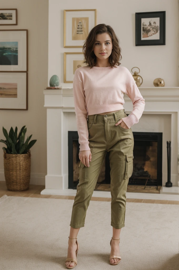 her name is Elektra, high quality, 1girl, ((20-year-old fit Caucasian woman)), ((20 years old)), ((fit)), short bob brunette hair, pose: standing, wearing pastel colored Mesh Long Sleeve with Camo Cargo Pants, BACKGROUND: From a classic London townhouse, with a mix of vintage and contemporary furniture, a cozy fireplace, and art-filled walls