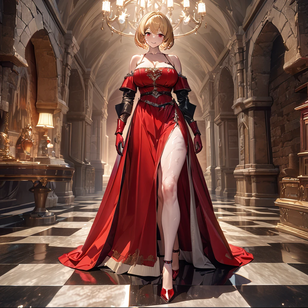 A shot framed by rows of cold, calculating LED lights casts an eerie glow on a lab filled with human bones. A stunning woman, her blonde hair styled neatly, stands amidst the relics in stiletto heels and a provocative outfit - a red pencil suit with a low-cut top and a red miniskirt. Her piercing blue eyes seem to gleam with intelligence and malice behind sharp silver-rimmed glasses. As she smiles at the camera, her beauty and seductive charm are undeniable, even amidst the gruesome experiment's results.