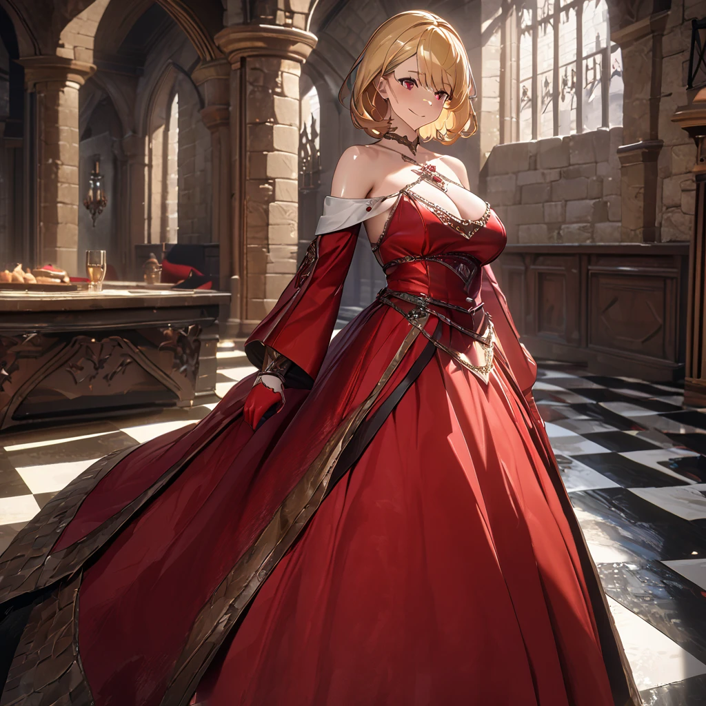 a woman wearing a sophisticated red dress, exposed shoulders, big breasts, blonde hair, short hair, red eyes, red gloves, red heels, smiling, walking in a sophisticated room with medieval aesthetics, medieval decor, shiny checkered floor.UHD , prime work , accurate , anatomically correct , textured skin , super details , high quality , best quality, 8k, high resolution, bokeh effect. (woman alone), close view