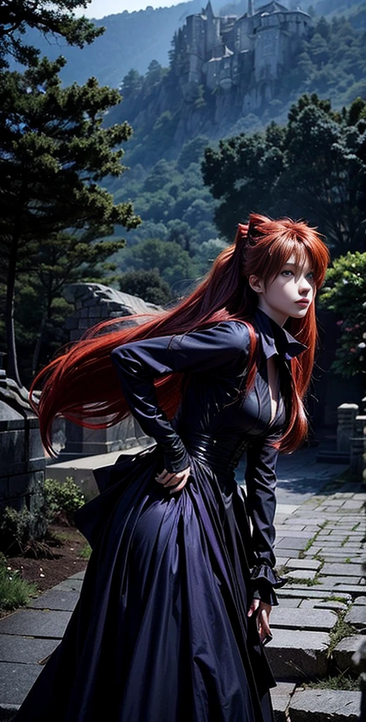 ((Cinematography Asuka langley)),Depict a striking in a dramatic, gothic-inspired ensemble—a stunning dark gown or edgy attire—set against a hauntingly beautiful backdrop like an ancient castle or a mysterious forest.,purple Hair