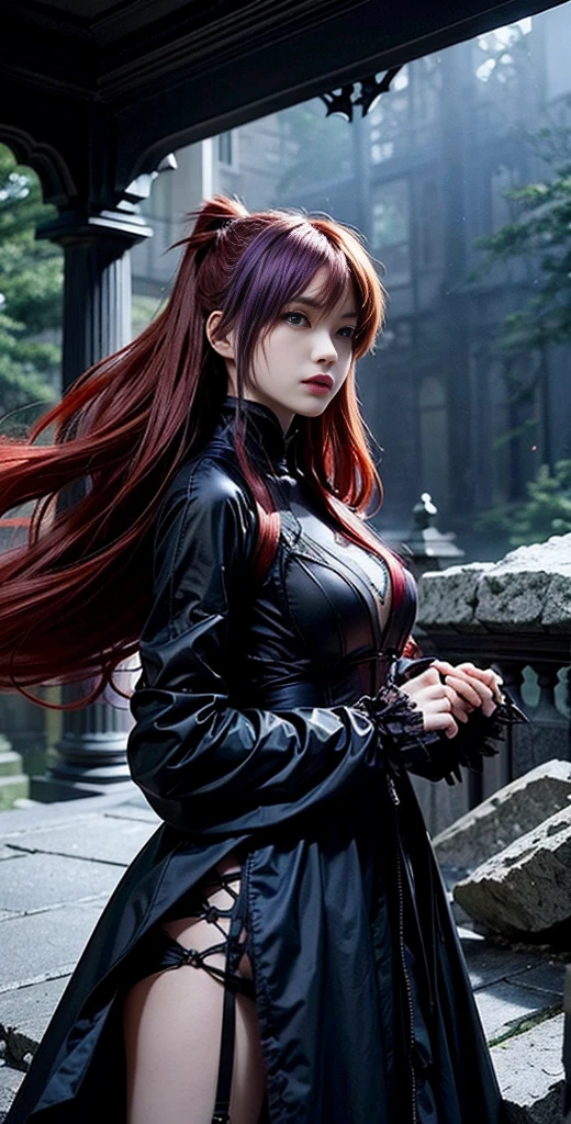 pphotorealistic, high resolution, 1 girl, coralcoat, serious,long hair,red hair,purple eyes, black dress