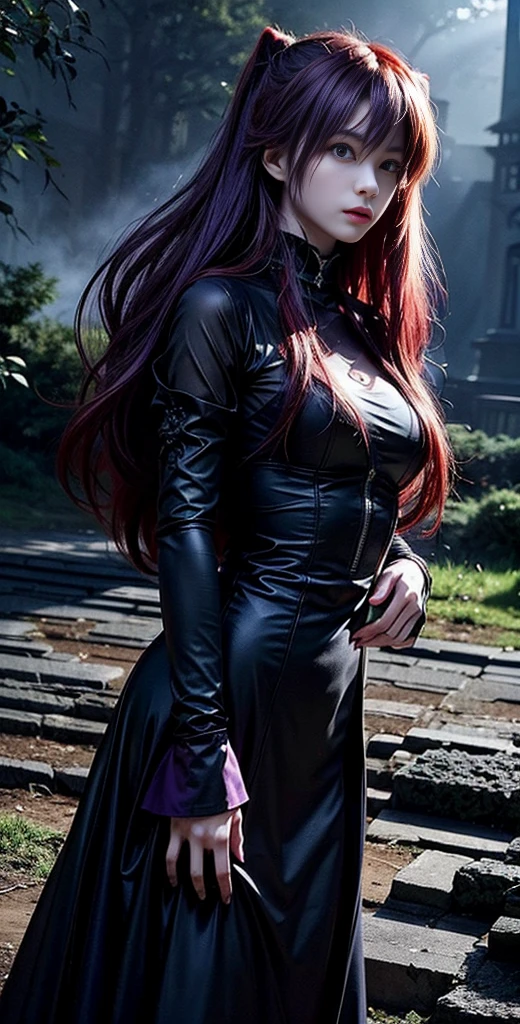 ((Cinematography Asuka langley)),Depict a striking in a dramatic, gothic-inspired ensemble—a stunning dark gown or edgy attire—set against a hauntingly beautiful backdrop like an ancient castle or a mysterious forest.,purple Hair