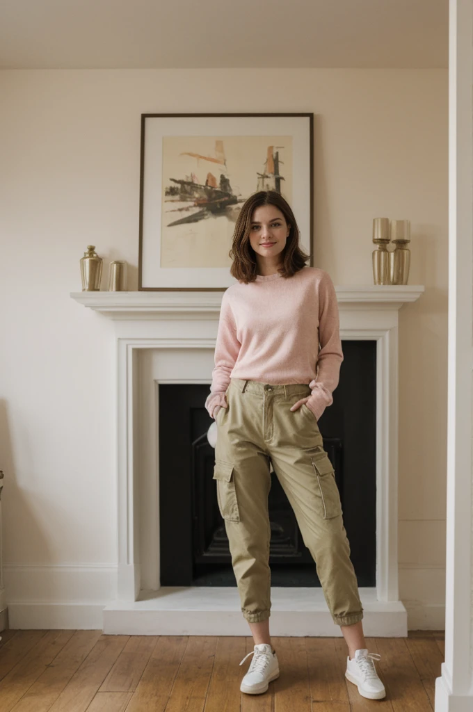 her name is Elektra, high quality, 1girl, ((20-year-old fit Caucasian woman)), ((20 years old)), ((fit)), short bob brunette hair, pose: standing, wearing pastel colored Mesh Long Sleeve with Camo Cargo Pants, BACKGROUND: From a classic London townhouse, with a mix of vintage and contemporary furniture, a cozy fireplace, and art-filled walls