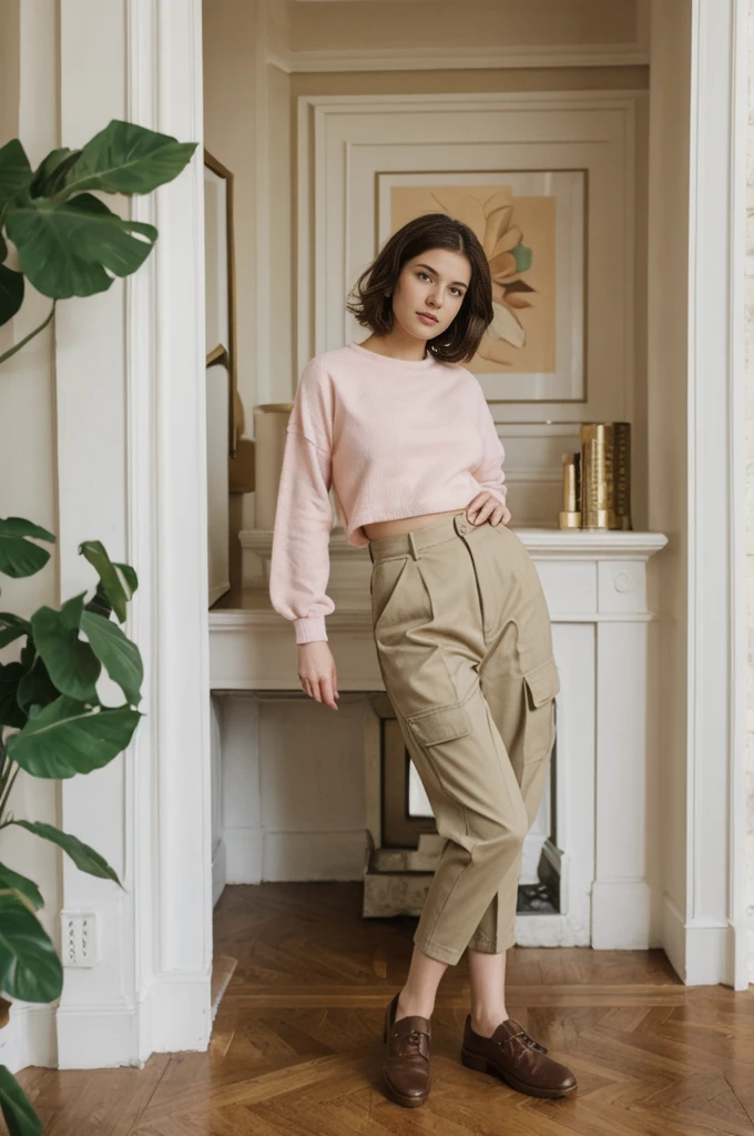 her name is Elektra, high quality, 1girl, ((20-year-old fit Caucasian woman)), ((20 years old)), ((fit)), short bob brunette hair, pose: standing, wearing pastel colored Mesh Long Sleeve with Camo Cargo Pants, BACKGROUND: From a classic London townhouse, with a mix of vintage and contemporary furniture, a cozy fireplace, and art-filled walls