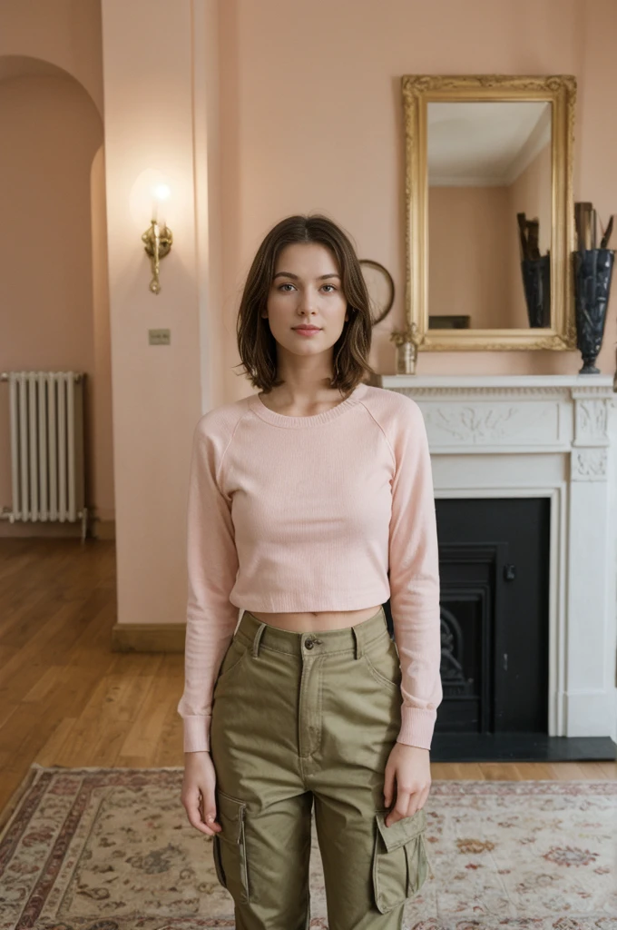 her name is Elektra, high quality, 1girl, ((20-year-old fit Caucasian woman)), ((20 years old)), ((fit)), short bob brunette hair, pose: standing, wearing pastel colored Mesh Long Sleeve with Camo Cargo Pants, BACKGROUND: From a classic London townhouse, with a mix of vintage and contemporary furniture, a cozy fireplace, and art-filled walls