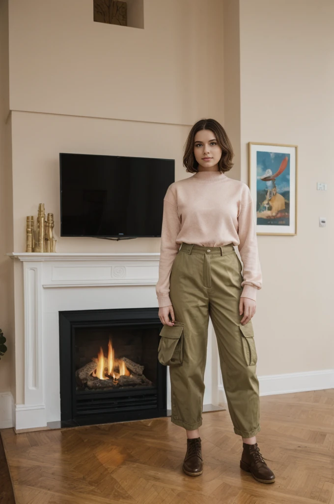 her name is Elektra, high quality, 1girl, ((20-year-old fit Caucasian woman)), ((20 years old)), ((fit)), short bob brunette hair, pose: standing, wearing pastel colored Mesh Long Sleeve with Camo Cargo Pants, BACKGROUND: From a classic London townhouse, with a mix of vintage and contemporary furniture, a cozy fireplace, and art-filled walls