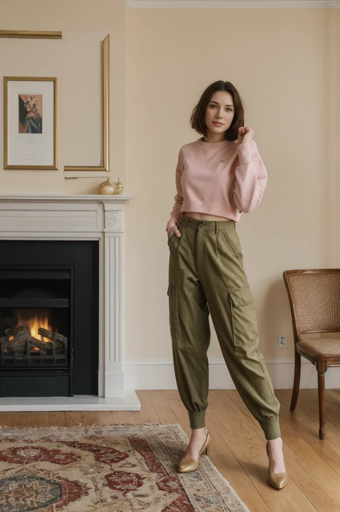 her name is Elektra, high quality, 1girl, ((20-year-old fit Caucasian woman)), ((20 years old)), ((fit)), short bob brunette hair, pose: standing, wearing pastel colored Mesh Long Sleeve with Camo Cargo Pants, BACKGROUND: From a classic London townhouse, with a mix of vintage and contemporary furniture, a cozy fireplace, and art-filled walls