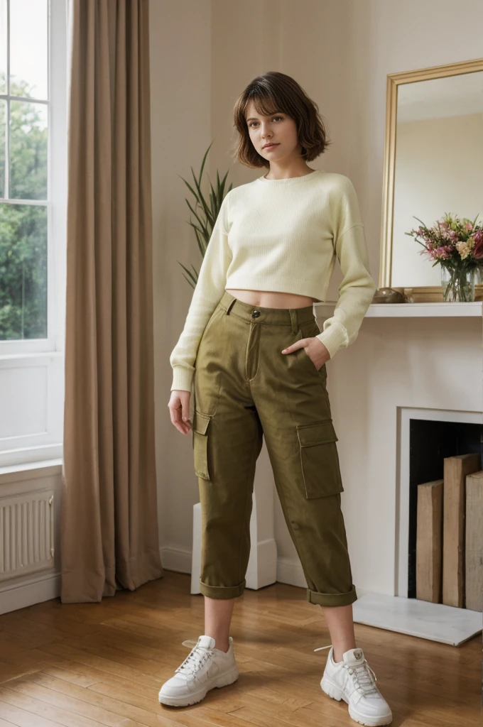 her name is Elektra, high quality, 1girl, ((20-year-old fit Caucasian woman)), ((20 years old)), ((fit)), short bob brunette hair, pose: standing, wearing pastel colored Mesh Long Sleeve with Camo Cargo Pants, BACKGROUND: From a classic London townhouse, with a mix of vintage and contemporary furniture, a cozy fireplace, and art-filled walls