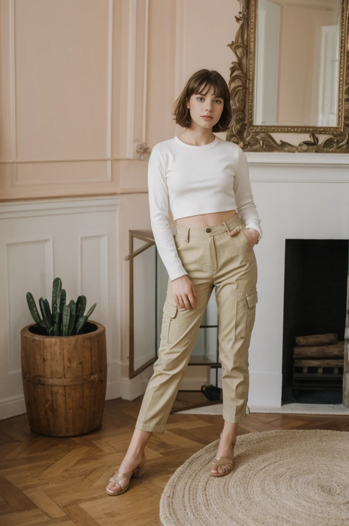 her name is Elektra, high quality, 1girl, ((20-year-old fit Caucasian woman)), ((20 years old)), ((fit)), short bob brunette hair, pose: standing, wearing pastel colored Mesh Long Sleeve with Camo Cargo Pants, BACKGROUND: From a classic London townhouse, with a mix of vintage and contemporary furniture, a cozy fireplace, and art-filled walls