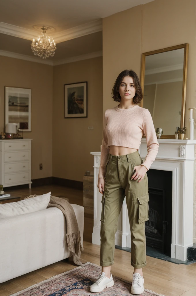 her name is Elektra, high quality, 1girl, ((20-year-old fit Caucasian woman)), ((20 years old)), ((fit)), short bob brunette hair, pose: standing, wearing pastel colored Mesh Long Sleeve with Camo Cargo Pants, BACKGROUND: From a classic London townhouse, with a mix of vintage and contemporary furniture, a cozy fireplace, and art-filled walls