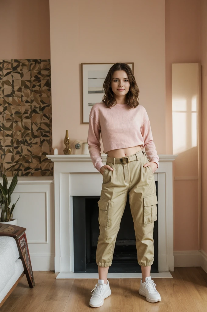her name is Elektra, high quality, 1girl, ((20-year-old fit Caucasian woman)), ((20 years old)), ((fit)), short bob brunette hair, pose: standing, wearing pastel colored Mesh Long Sleeve with Camo Cargo Pants, BACKGROUND: From a classic London townhouse, with a mix of vintage and contemporary furniture, a cozy fireplace, and art-filled walls