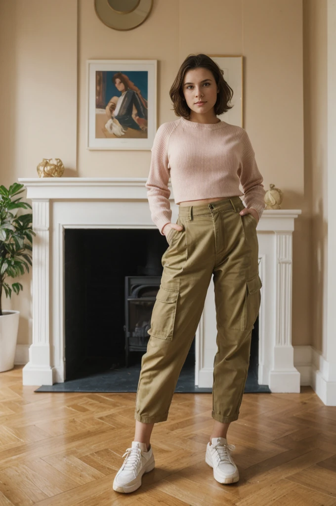 her name is Elektra, high quality, 1girl, ((20-year-old fit Caucasian woman)), ((20 years old)), ((fit)), short bob brunette hair, pose: standing, wearing pastel colored Mesh Long Sleeve with Camo Cargo Pants, BACKGROUND: From a classic London townhouse, with a mix of vintage and contemporary furniture, a cozy fireplace, and art-filled walls