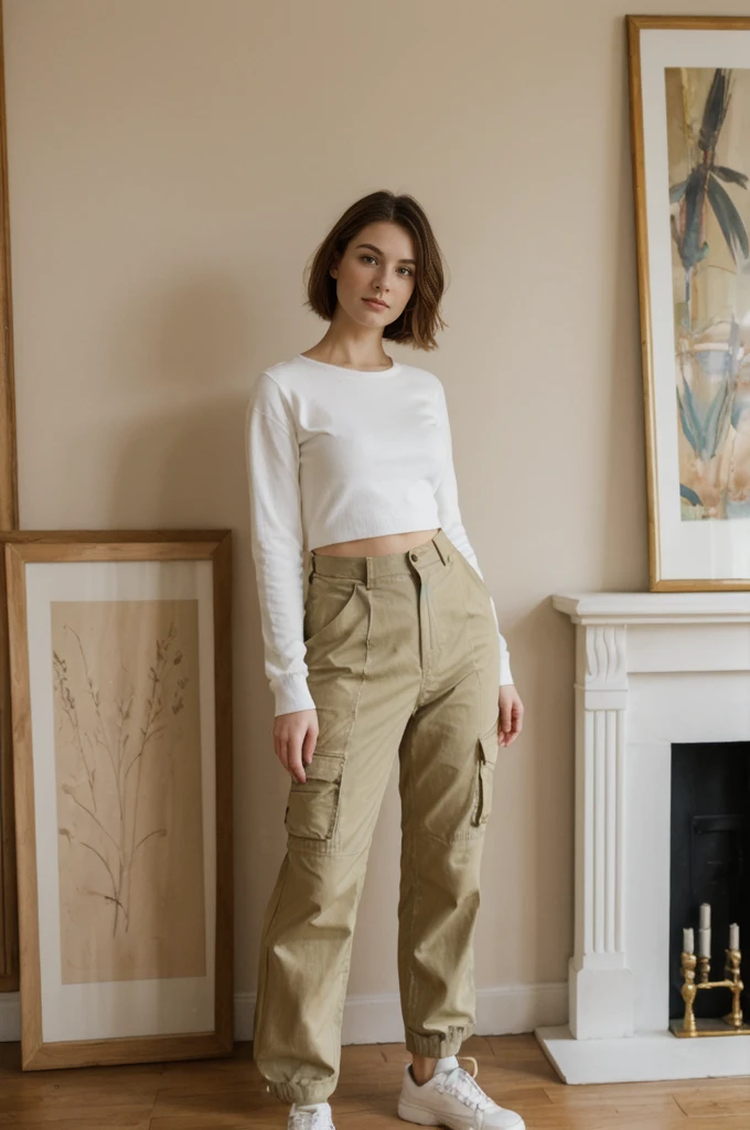 her name is Elektra, high quality, 1girl, ((20-year-old fit Caucasian woman)), ((20 years old)), ((fit)), short bob brunette hair, pose: standing, wearing pastel colored Mesh Long Sleeve with Camo Cargo Pants, BACKGROUND: From a classic London townhouse, with a mix of vintage and contemporary furniture, a cozy fireplace, and art-filled walls