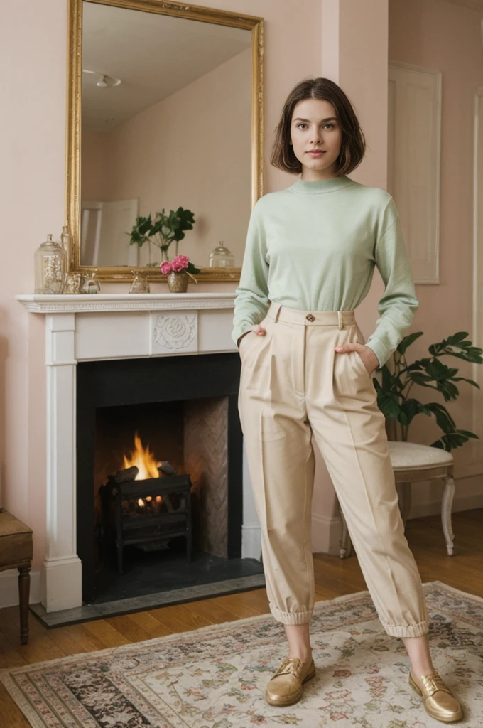 her name is Elektra, high quality, 1girl, ((20-year-old fit Caucasian woman)), ((20 years old)), ((fit)), short bob brunette hair, pose: standing, wearing pastel colored Mesh Long Sleeve with Camo Cargo Pants, BACKGROUND: From a classic London townhouse, with a mix of vintage and contemporary furniture, a cozy fireplace, and art-filled walls