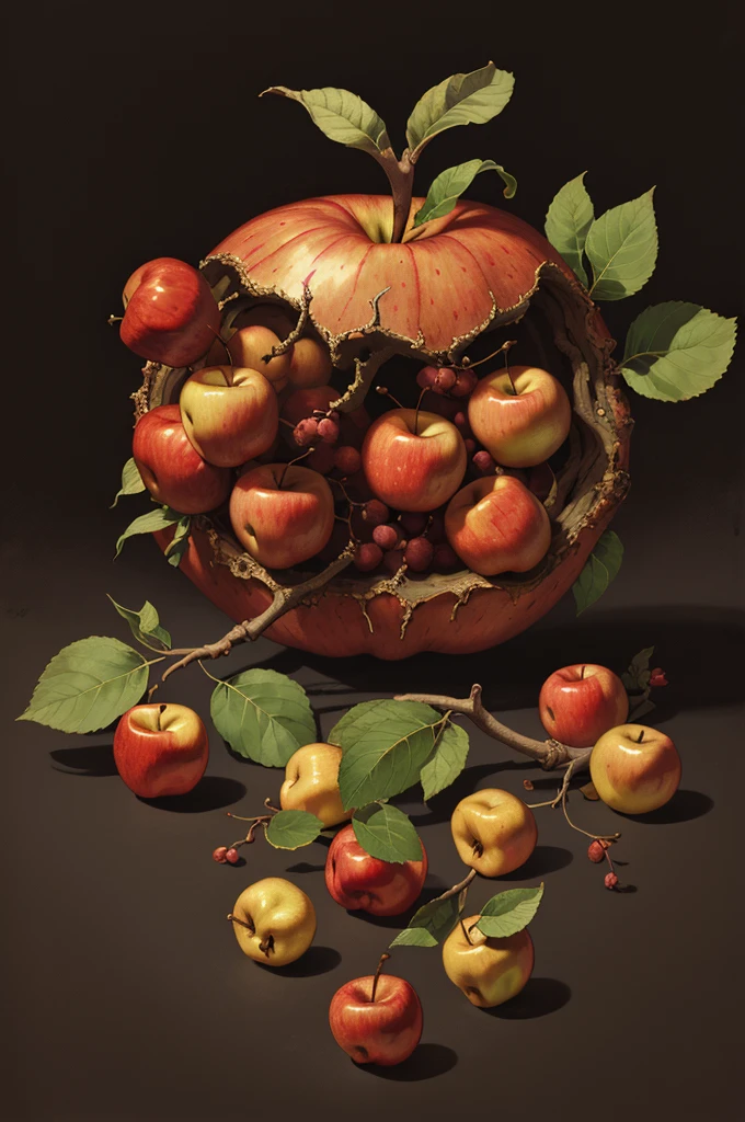 a detailed illustration of an apple. Dark background, professional lighting, style of rembrant: 0.6), (style by rembrandt: 0.4), art of Michelangelo, style of by james jean:1.1