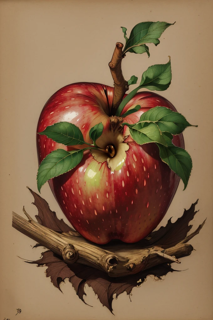 a detailed illustration of an apple. Dark background, professional lighting, style of rembrant: 0.6), (style by rembrandt: 0.4), art of Michelangelo, style of by james jean:1.1