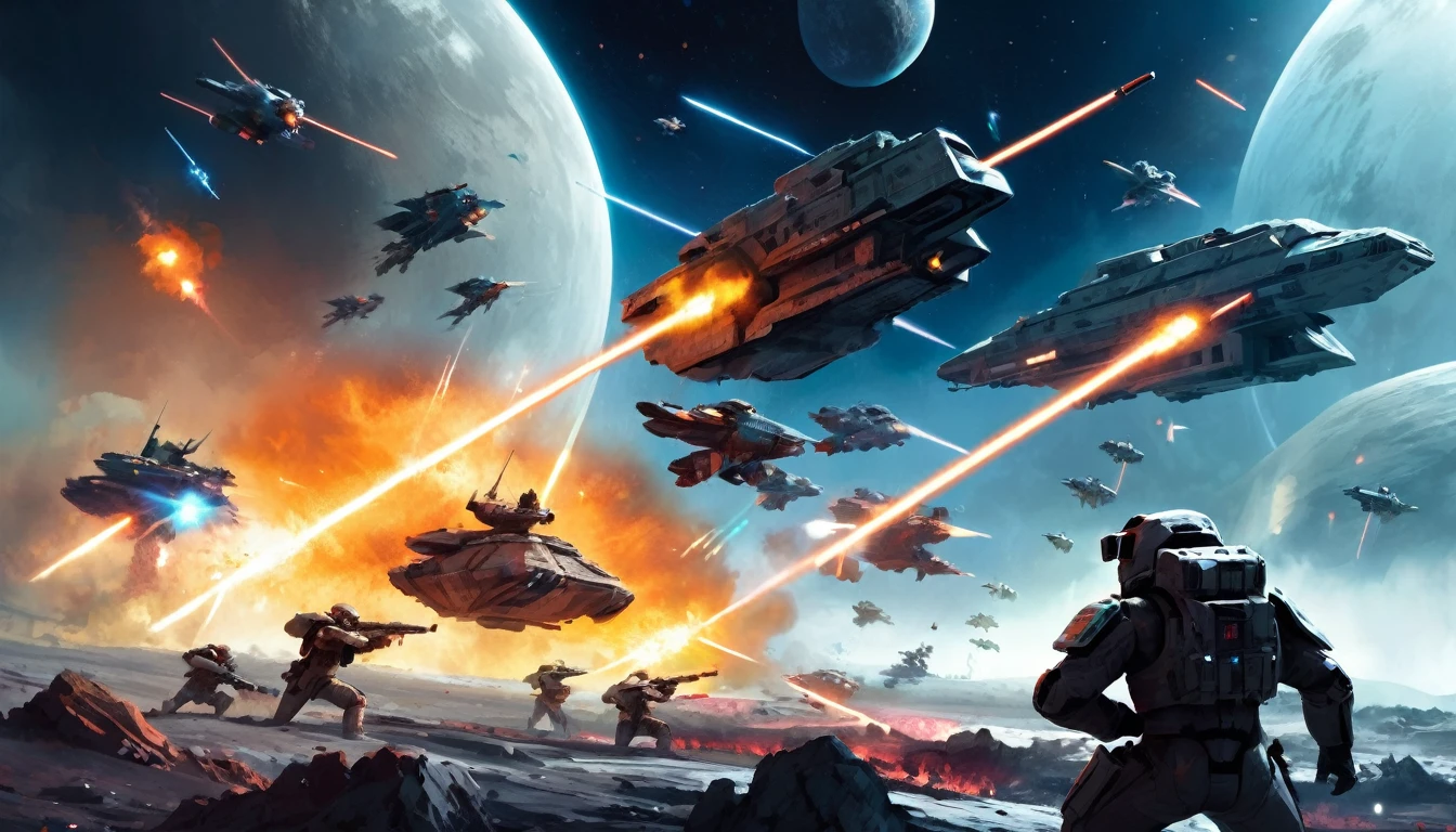 A space war with thousands of soldiers fighting, masterpiece, best quality, super detailed, vivid colors
