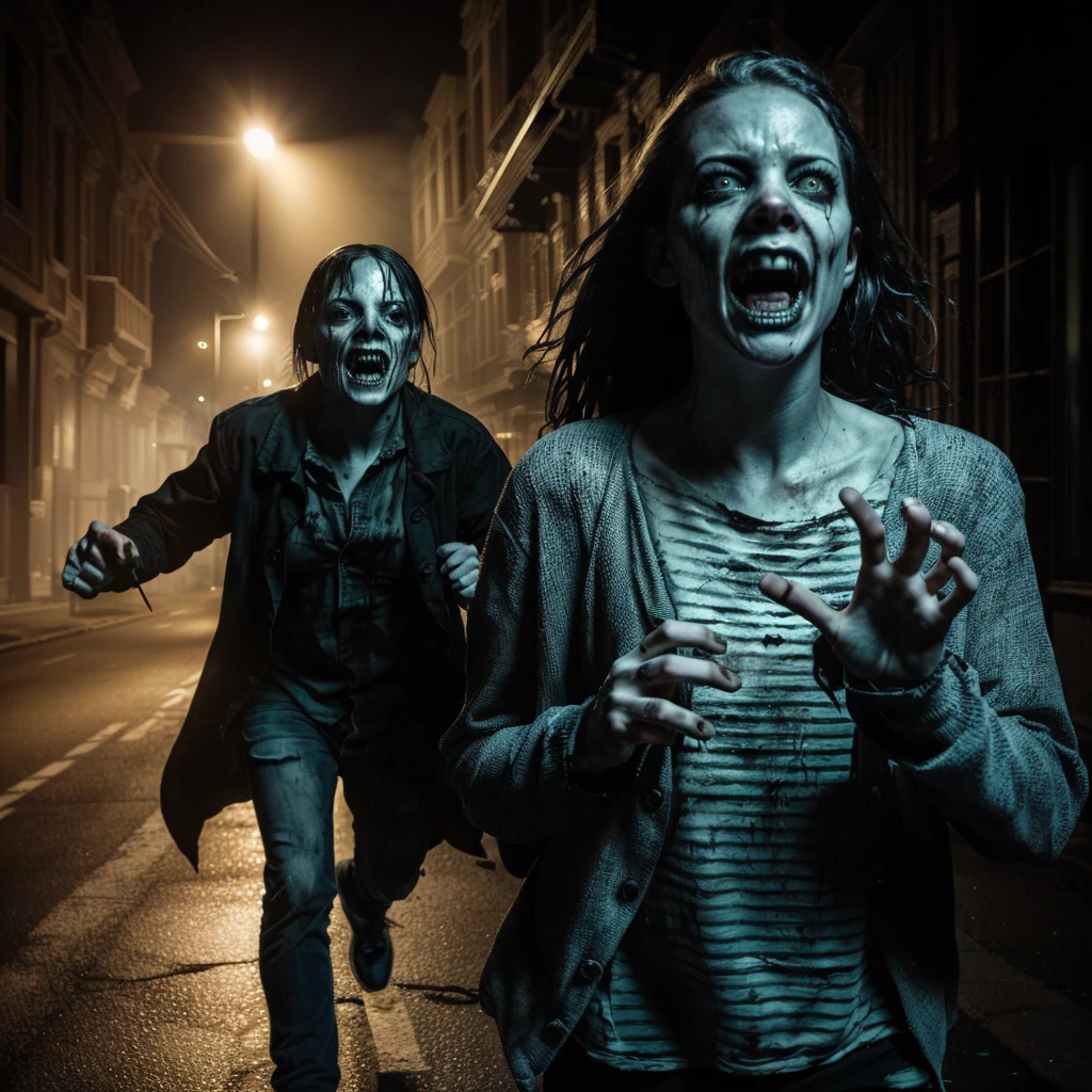 they are running down the street in the dark with their mouths open, people running in fear, horror dramatic moment, award winning horror photography, horror photography, scaring, horror photo, scary, scary scene, screaming with fear, film still from a horror movie, hyperrealistic nightmare scene, horror movie lighting, dark!, haunting!, uncanny and scary atmosphere, terrifying!!!