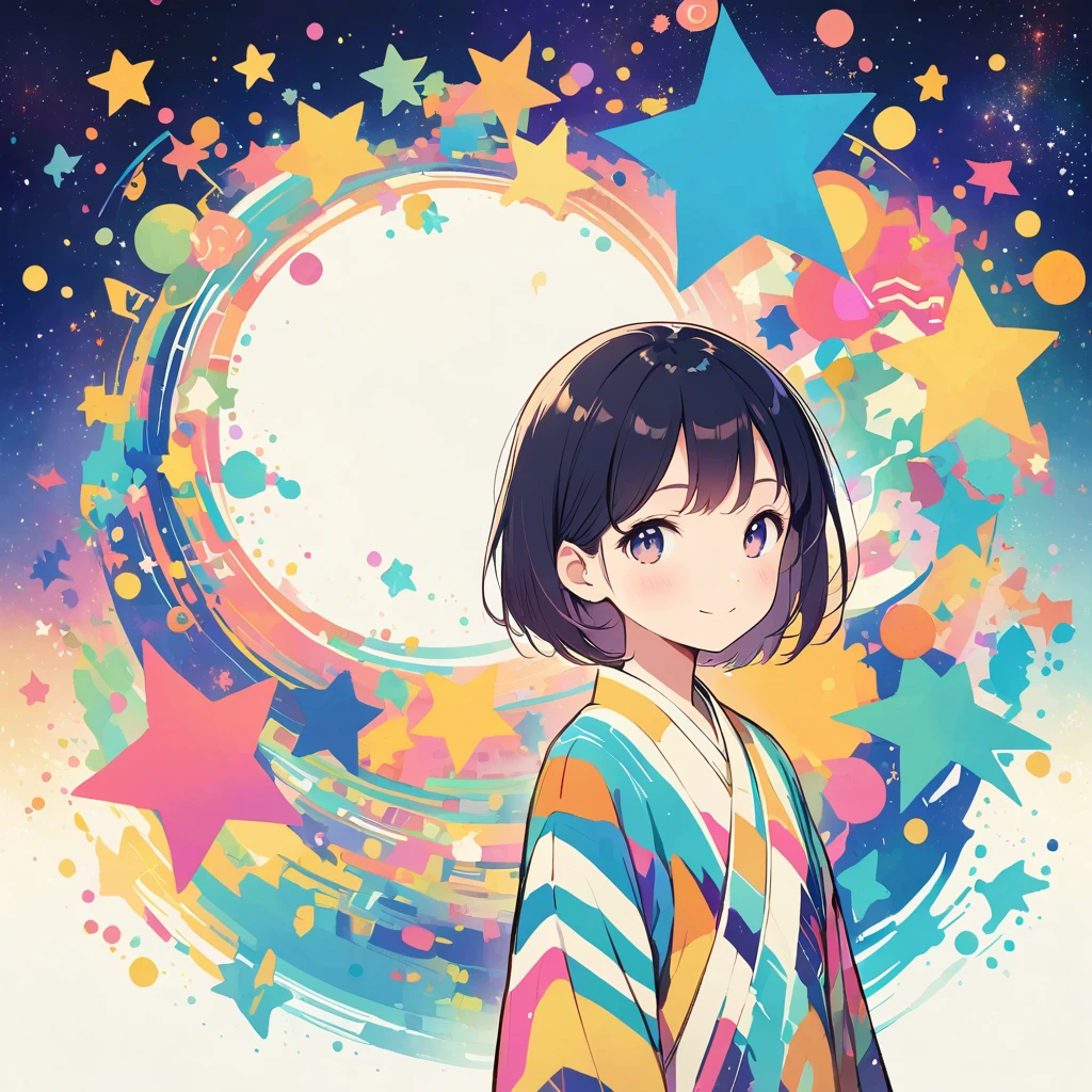 Watase Seizo style, Standing in front of a high wall,Simple line initials,Abstract art,Galactic Universe Background, Tanabata.milky way、((Orihime and Hikoboshi:1))、A radiant smile、Smile、Star of the sky