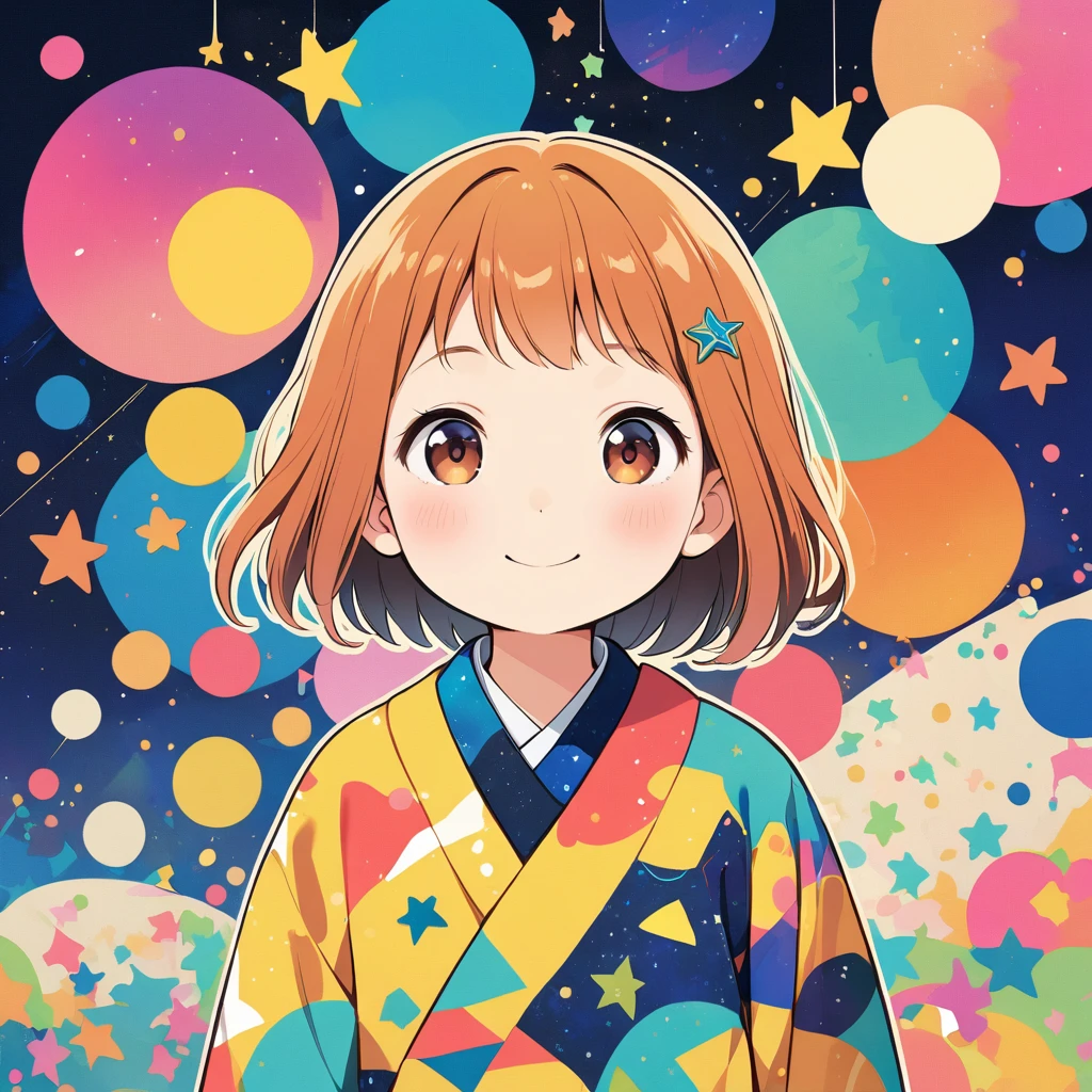 Watase Seizo style, Standing in front of a high wall，Simple line initials，Abstract art，Galactic Universe Background, Tanabata.milky way、((Orihime and Hikoboshi:1))、A radiant smile、Smile、Star of the sky