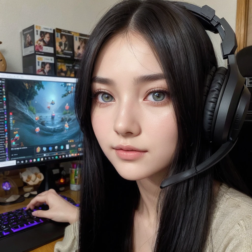 a girl with long black hair, almond-shaped hazel green eyes, fair skin, natural makeup, streaming in front of a computer with headphones on, detailed facial features, intricate hairstyle, beautiful skin, elegant pose, soft lighting, warm color palette, realistic digital art, photorealistic, 8k, cinematic composition, masterpiece, hyper detailed