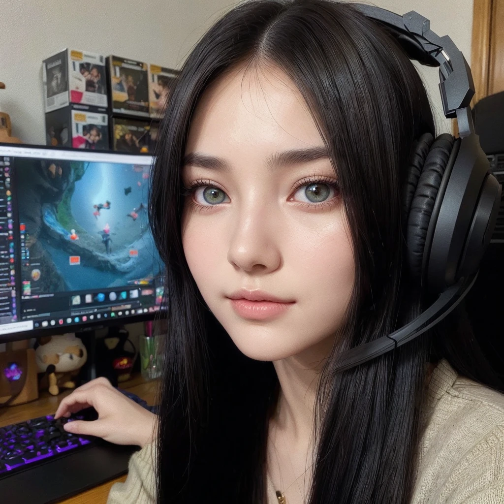 a girl with long black hair, almond-shaped hazel green eyes, fair skin, natural makeup, streaming in front of a computer with headphones on, detailed facial features, intricate hairstyle, beautiful skin, elegant pose, soft lighting, warm color palette, realistic digital art, photorealistic, 8k, cinematic composition, masterpiece, hyper detailed