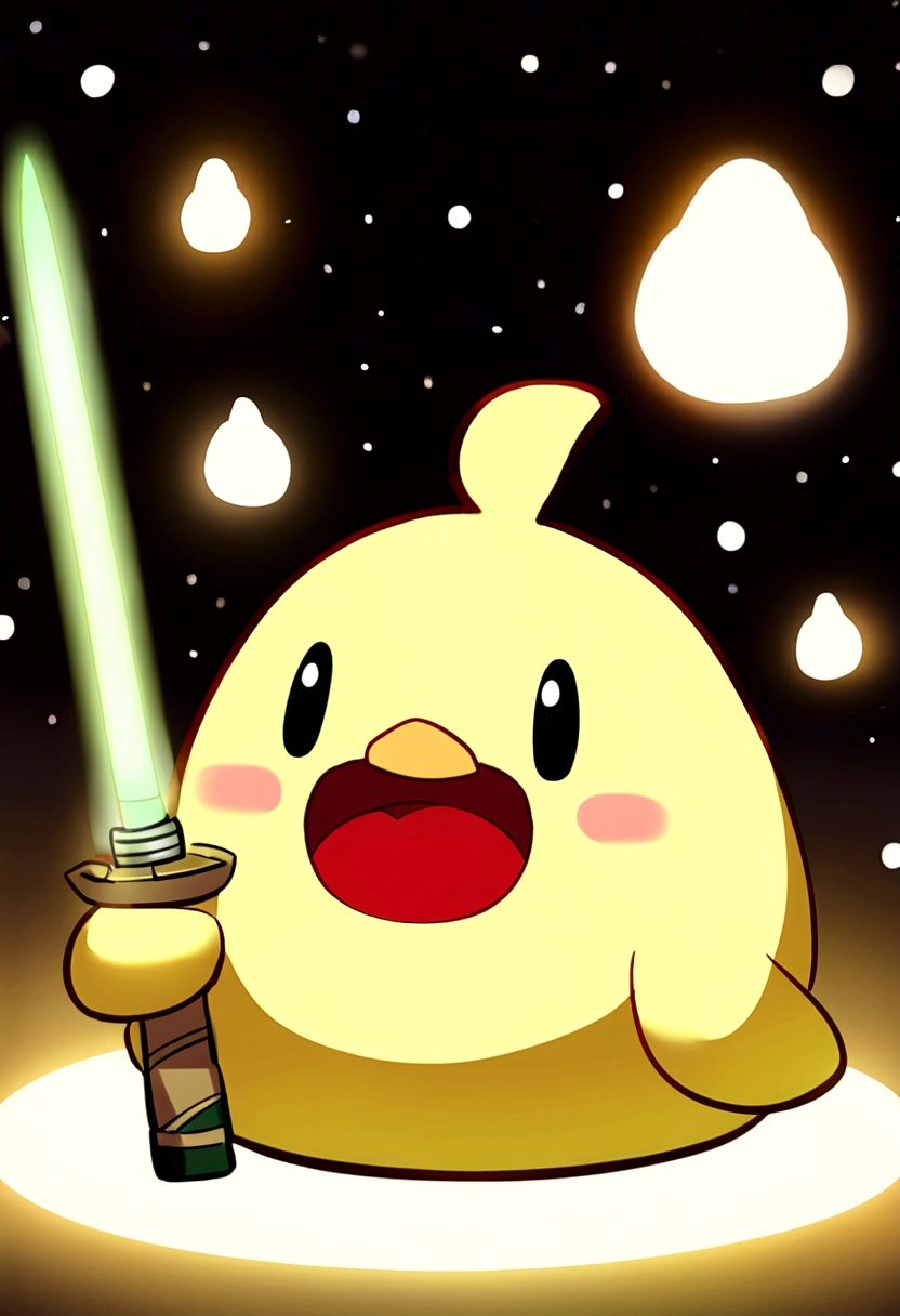 ((Cute little bird,Yellow body,Red Mouth,Chick)),Simple Background,Cute expression、Real、The green onions shine, space、A bird is holding a leek lightsaber、