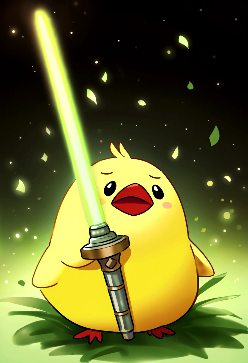 ((Cute little bird,Yellow body,Red Mouth,Chick)),Simple Background,Cute expression、Real、The green onions shine, space、A bird is holding a leek lightsaber、