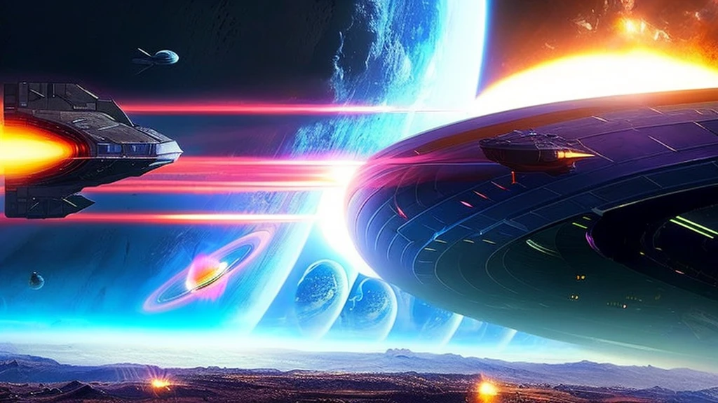Epic sci-fi space battle scenes, alien spaceships, many small craft launching from large ships, phaser beams firing, attacking Earth's cities, people fleeing, dramatic lighting, cinematic angles, complex machinery, glowing energy fields, metallic textures, dramatic camera angles, epic scale, highly detailed, photorealistic, 8k, award-winning sci-fi concept art, moody color palette,