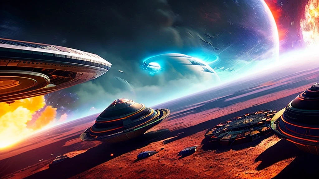 Epic sci-fi space battle scenes, alien spaceships, attacking space bases, huge explosions, elaborate futuristic spaceships, advanced alien technology, intense space combat, dramatic lighting, cinematic angles, complex machinery, glowing energy fields, metallic textures, dramatic camera angles, epic scale, highly detailed, photorealistic, 8k, award-winning sci-fi concept art, moody color palette,