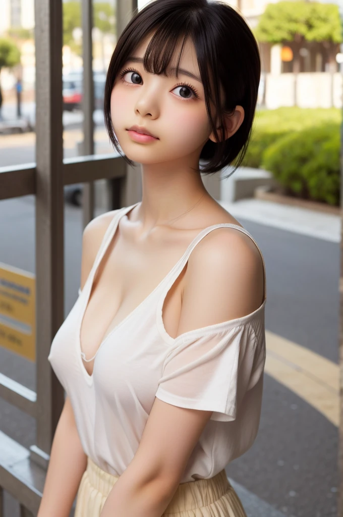 、One Girl, alone, short hair, bangs, shirt, Black Hair, white shirt, Upper Body, Outdoor, parted lips, blunt bangs, Medium Hair, Blurred, iris, lips, Tilt your head, Look to the side, Written boundary depth, Blurred background, avert your eyes, Realistic、Wide distance between the eyes、Naples cityscape photos、Small breasts、