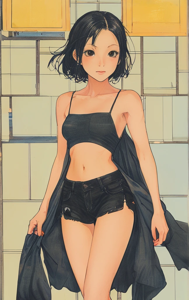 (Pink camisole Pull up your skirt to show your panties Gravure Pose Very detailed down to the smallest detail clear outlines Beautiful face Beautiful skin) thin-waist A slender ribbed skinny limbs teats cleavage of the breast Beautiful breasts a short bob Uterine mouth Beautiful fingertips alone, One girl, profile,Black Bob, profile, The background color is solid yellow,An illustration Anime style、