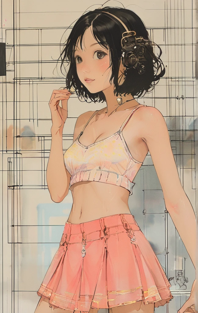 (Pink camisole Pull up your skirt to show your panties Gravure Pose Very detailed down to the smallest detail clear outlines Beautiful face Beautiful skin) thin-waist A slender ribbed skinny limbs teats cleavage of the breast Beautiful breasts a short bob Uterine mouth Beautiful fingertips alone, One girl, profile,Black Bob, profile, The background color is solid yellow,An illustration Anime style、