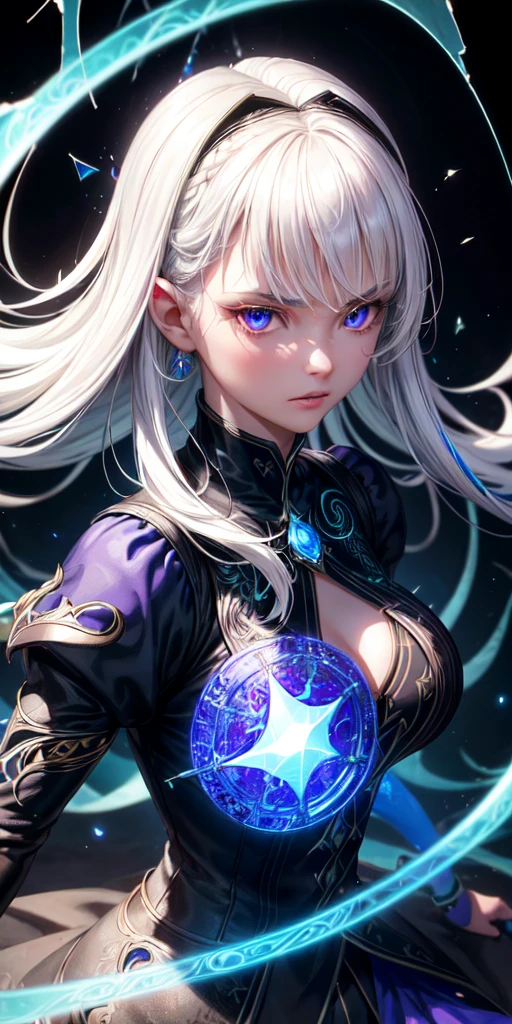 (masterpiece, best quality, ultra-detailed, best shadow), (detailed background,dark fantasy), (beautiful detailed face), high contrast, (best illumination, an extremely delicate and beautiful), ((cinematic light)), colorful, hyper detail, dramatic light, intricate details, (1girl, solo,white hair, sharp face,purple eyes, hair between eyes,dynamic angle), blood splatter, swirling black light around the character, depth of field,black light particles,(broken glass),magic circle,