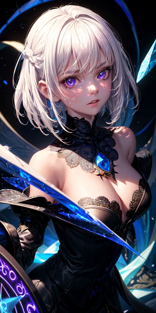 (masterpiece, best quality, ultra-detailed, best shadow), (detailed background,dark fantasy), (beautiful detailed face), high contrast, (best illumination, an extremely delicate and beautiful), ((cinematic light)), colorful, hyper detail, dramatic light, intricate details, (1girl, solo,white hair, sharp face,purple eyes, hair between eyes,dynamic angle), blood splatter, swirling black light around the character, depth of field,black light particles,(broken glass),magic circle,