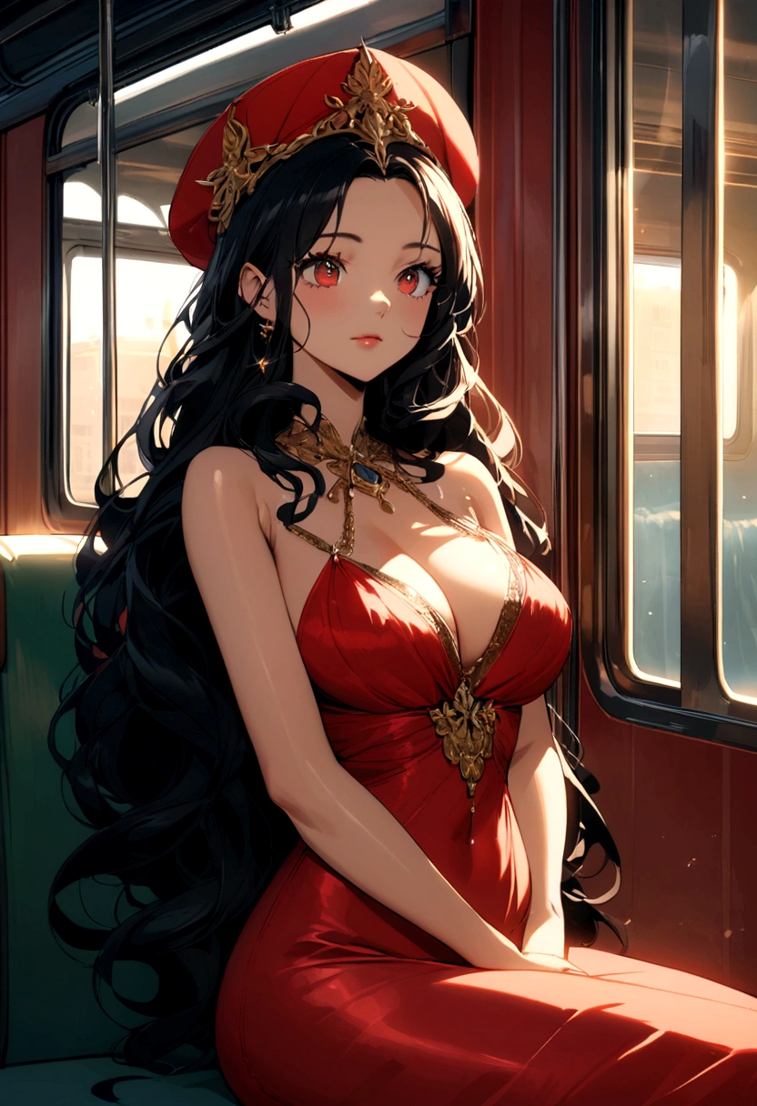 Sexy Latina, traveling by train:
The image depicts a captivating woman with striking features, embodying the essence of Latin beauty. Her dark, expressive eyes sparkle with life, accentuated by long, luscious lashes. Her skin is radiant, with a warm, sun-kissed glow. Her hair, a cascade of shiny, raven-black curls, flows down her back like a luxurious waterfall. She wears a form-fitting red dress that accentuates her curvy figure, complete with a stylish hat perched atop her head. The train window reflecting her, the image exudes a sense of freedom and adventure.
