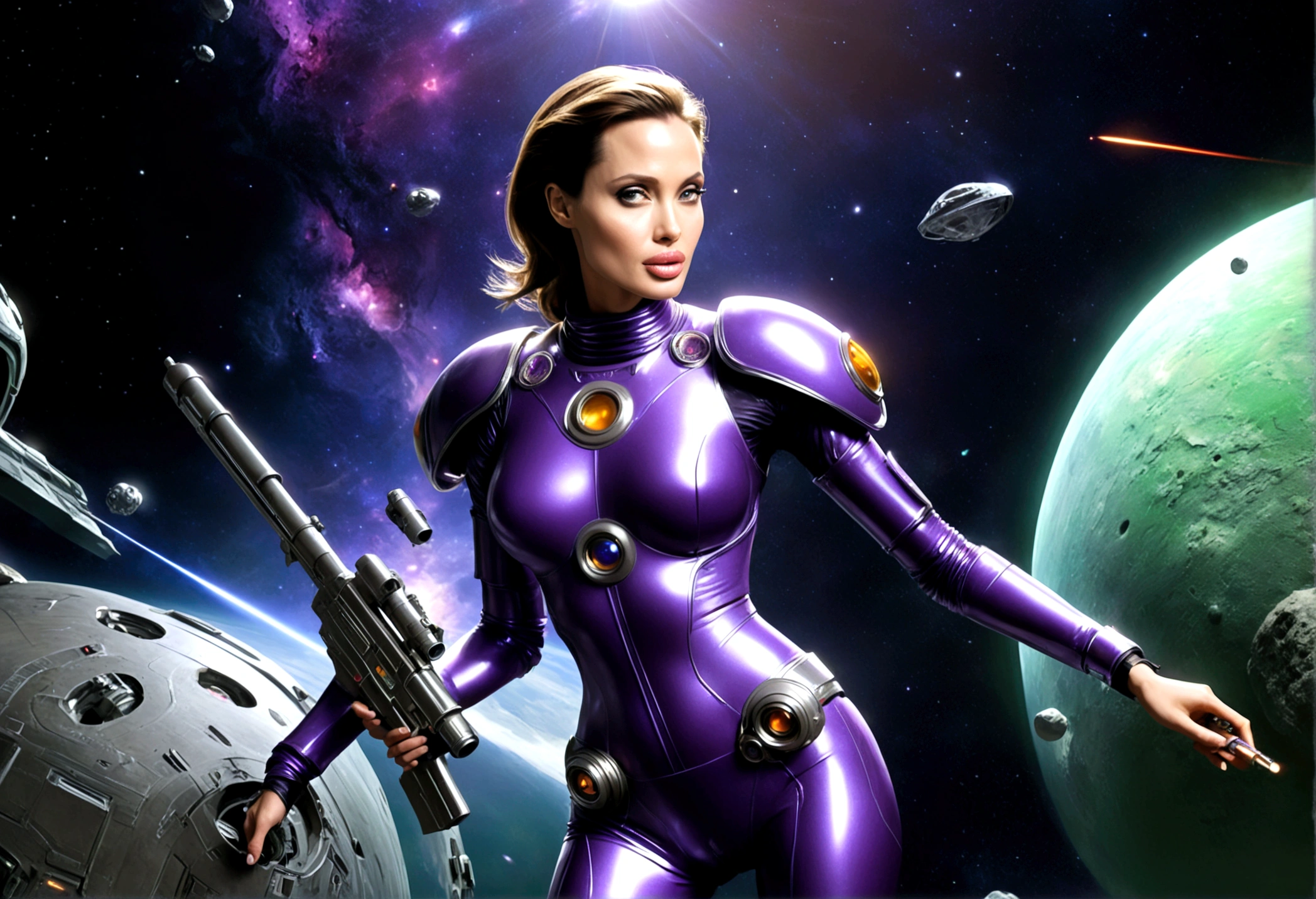 Angelina Jolie (age 25, giga busty, huge breasts, sexy violet clear plastic space suit, thruster pack, bubble dome, big laser rifle) is a scout in an asteroid field, attacked by fembots of the opposing faction (silver and red color scheme). Show the fire fight. Intense action. Angelina takes cover. fembots explode, epic battle in space, laser fire, explosions, show the battle
