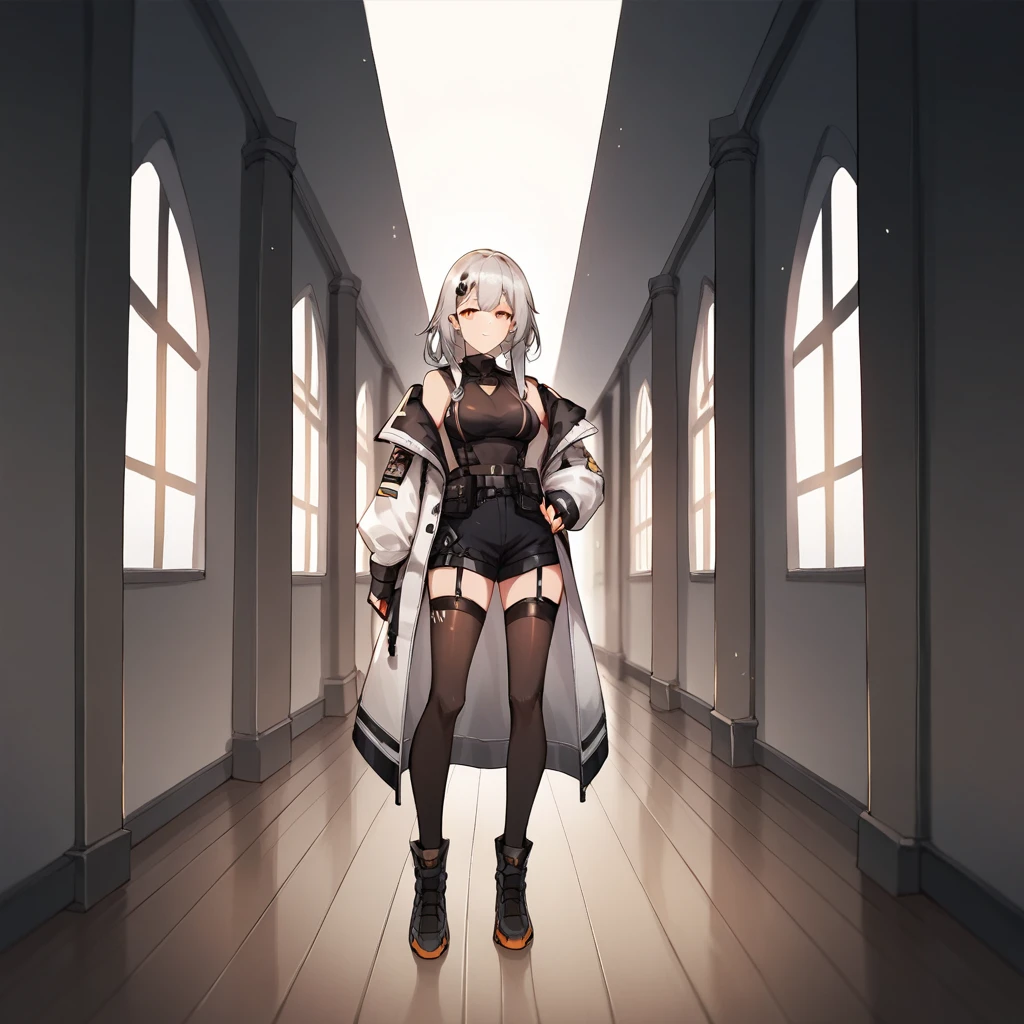 long hair and white coat standing in a hallway., girls frontline style, of frontline girls, de arknights, space cadet girl, pretty girl, silver hair girl