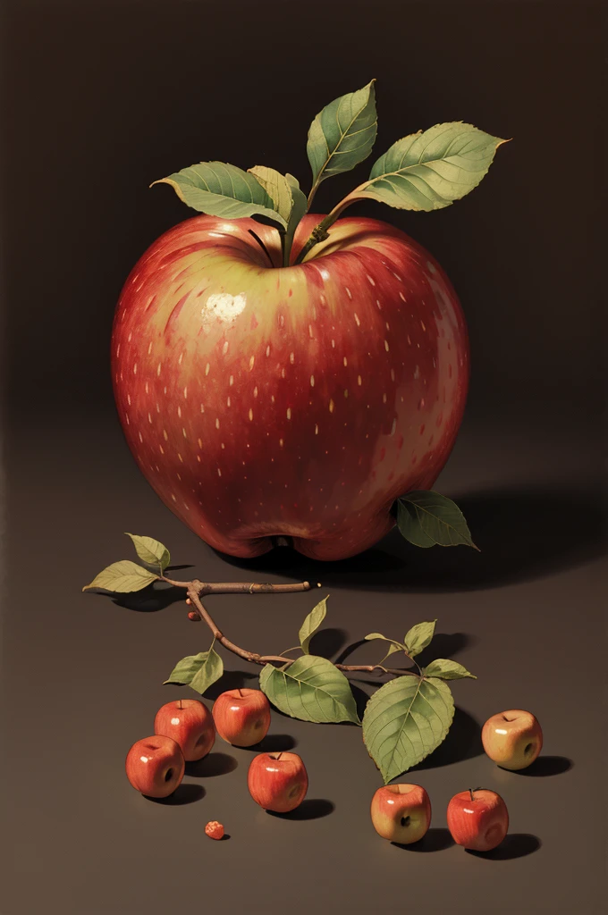 a detailed illustration of an apple. Dark background, professional lighting, style of rembrant: 0.6), (style by rembrandt: 0.4), art of Michelangelo, style of by james jean:1.1