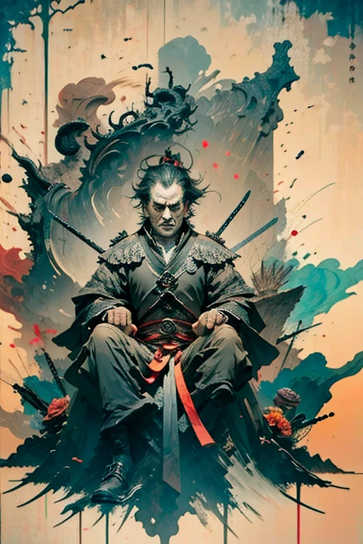 Masterpiece, Ultra-Detailed portrait, detailed illustration, high quality, high resolution 16k man in a crown sits on a throne with a sword, the great stokor king, lord of hell on the throne, The Medieval Old King, King Richard the Lionheart, the king of death, The King of Hell, Richard IV king of Rome, Sitting on the Iron Throne, Anato Finnstark!!, Robert De Niro as Medieval Joker, Jaime Lannister, cloud,colorful, ink