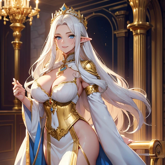 (absurdres, best high quality image, carefuly detailed features and textures, very detailed image, solo character alone, full character vew): {{Elf queen 1.000 years old mature adult milf} (beautiful face, sexy feminine and sexy features, beautiful light blue eyes, voluptuous body, big breasts, beautiful legs, golden long hair, golden eyebrows), (white long royal dress, golden crown, white long royal sleeves middle finger sleeves, cleavage), (lovely cheerful smile, lovely demeanor, full of wisdom and love), (standing at her royal elf golden throne room)}}