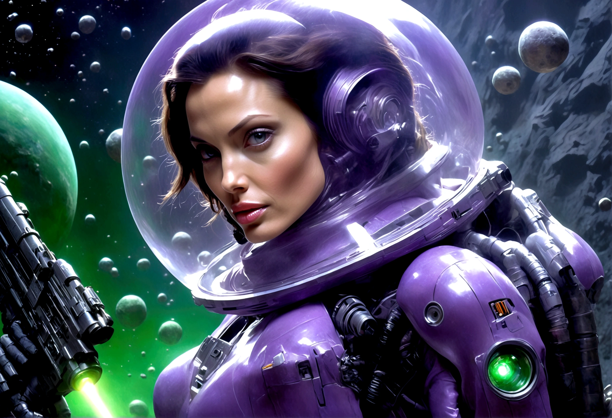 A beautiful young Angelina Jolie, age 25, wearing a sexy violet translucent plastic space suit, with a thruster pack and bubble dome, holding a big laser rifle, as a scout exploring an asteroid field, attacked by green fembots of the opposing faction, masterpiece, high quality, photorealistic, dynamic lighting, cinematic shot, sci-fi, concept art