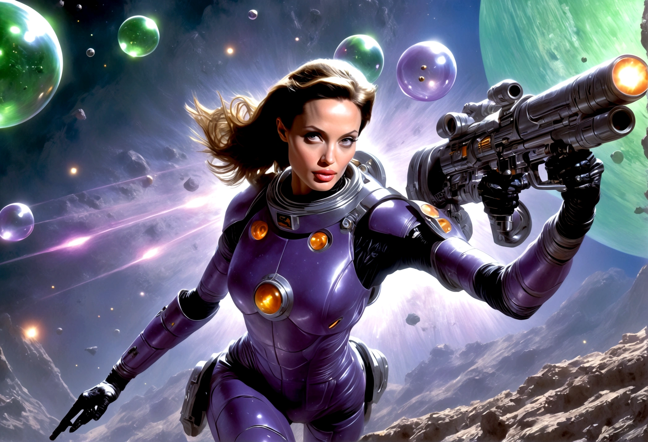 A beautiful young Angelina Jolie, age 25, wearing a sexy violet translucent plastic space suit, with a thruster pack and bubble dome, holding a big laser rifle, as a scout exploring an asteroid field, attacked by green fembots of the opposing faction, masterpiece, high quality, photorealistic, dynamic lighting, cinematic shot, sci-fi, concept art