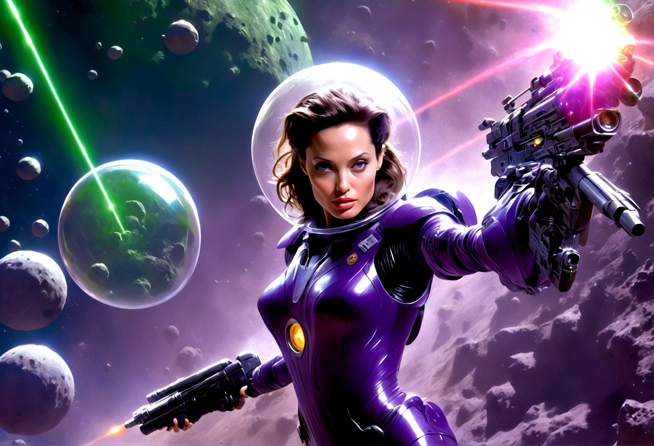 A beautiful young Angelina Jolie, age 25, wearing a sexy violet translucent plastic space suit, with a thruster pack and bubble dome, holding a big laser rifle, as a scout exploring an asteroid field, attacked by green fembots of the opposing faction, masterpiece, high quality, photorealistic, dynamic lighting, cinematic shot, sci-fi, concept art