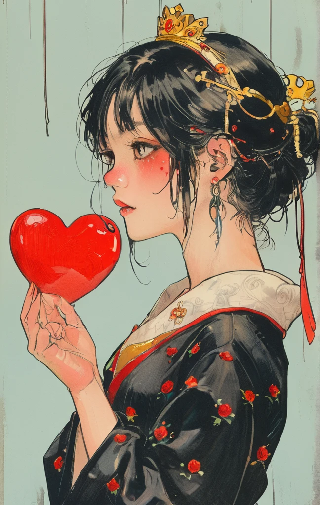 masterpiece, best quality, 1girl, gloves, solo, tongue, red background, black gloves, tongue out, long hair, elbow gloves, bangs, puffy sleeves, open mouth, grey hair, short sleeves, looking at viewer, hands on own face, upper body, blunt bangs, puffy short sleeves, colored tongue, heart, black dress, dress, hands on own cheeks, red eyes, facial mark, crown, simple background, tattoo, string, teeth, halftone、alone, One girl, profile,Black Bob, profile, The background color is solid yellow,An illustration